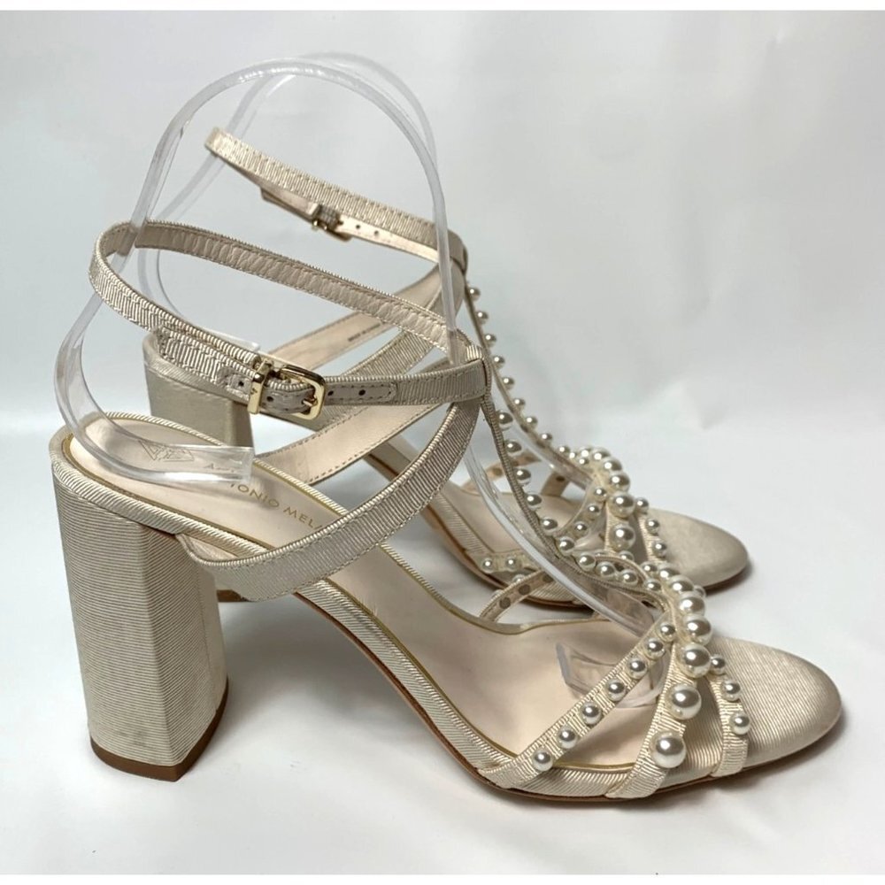Antonio Melani Gretta Pearl Embellished Ankle Strap Block Heels 9M
